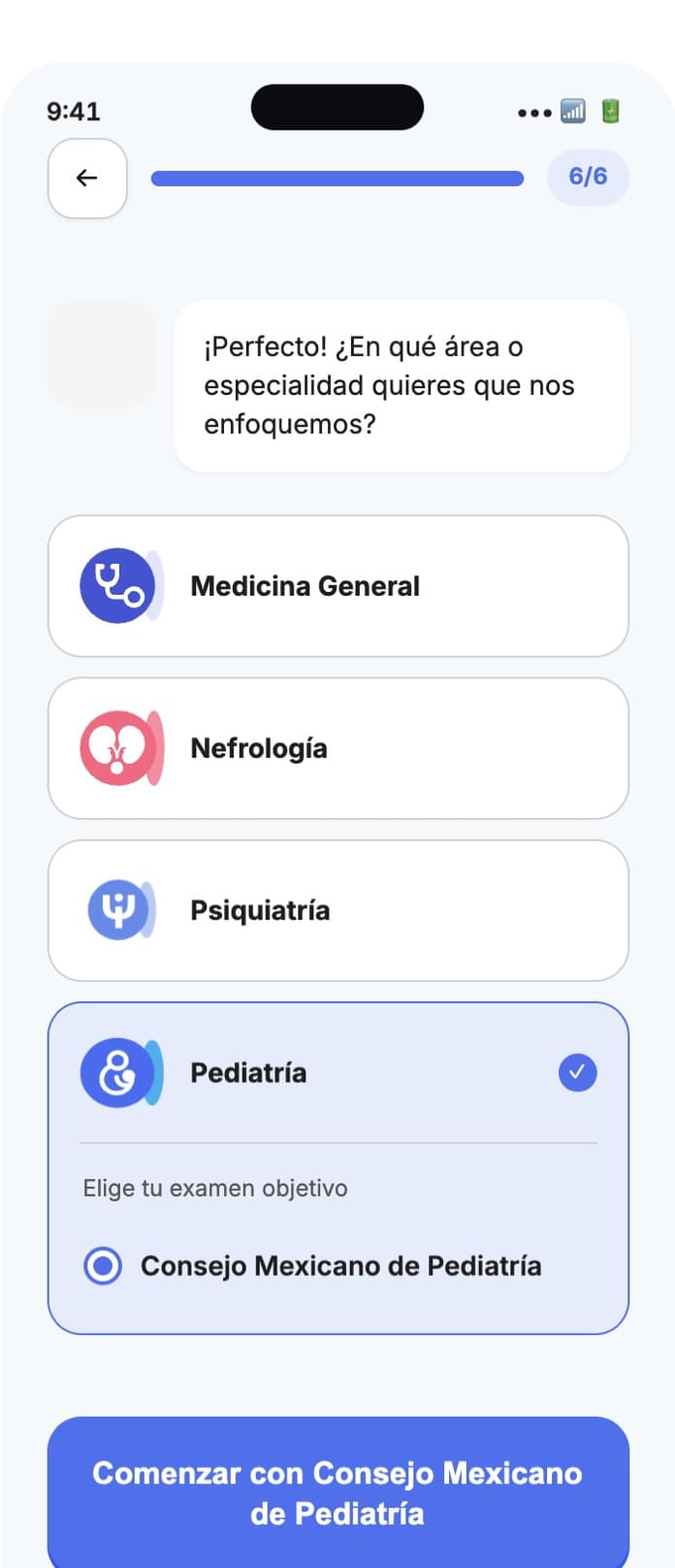 Captura de la app: elegir Pediatría y tu examen de especialidad